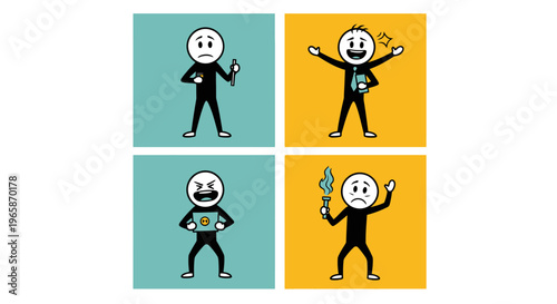Comic Strip Illustrating Stick Figures Expressing Various Emotions with Face Signs on Colorful Backgrounds, in bright studio.
