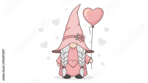 Cute pink gnome girl with long white braids holds a heart shaped balloon while standing amidst faint floating heart shapes.