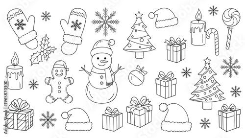 Comprehensive collection of winter and Christmas themed sketches includes a snowman, gifts, candles, and a decorated tree.
