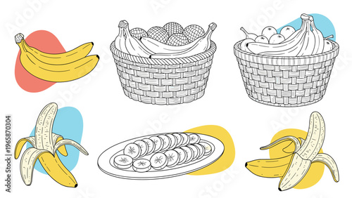 Collection of hand drawn banana illustrations includes whole fruits, sliced pieces on a plate, and various baskets filled with fresh yellow produce.