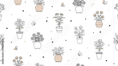 Seamless background features a variety of hand drawn flower pots with blooming plants and delicate butterflies scattered across a white field.