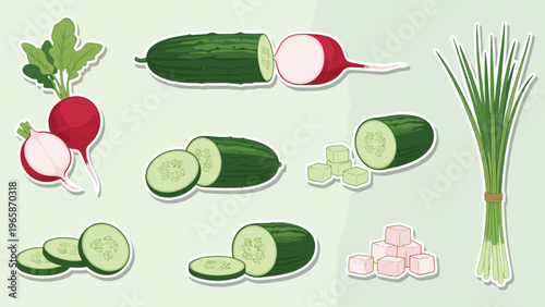 Sticker set of fresh vegetables includes whole radishes and cucumbers along with sliced, diced, and chopped preparations.
