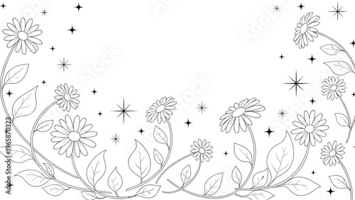 Black and white line art illustrates a curved floral arrangement with daisies, leaves, and shimmering stars in a whimsical decorative composition.