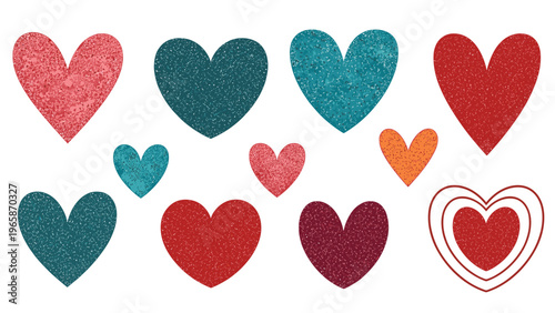 Collection of textured heart shapes in various shades of red and teal offer a rustic and artistic feel for romantic designs.