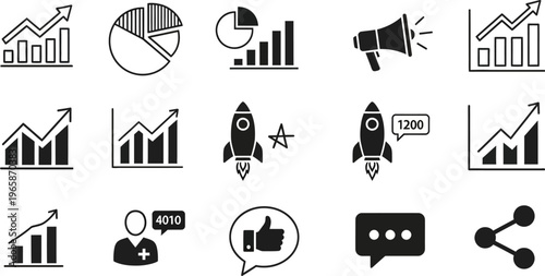 Black and white business infographic icons for marketing and finance reports  various chart and graph symbols