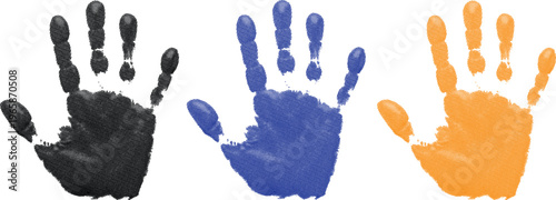 Colorful handprints displayed in black, blue, and pixelated orange hues