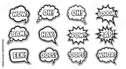 Vibrant comic speech bubbles with exclamations like WOW, OH, BOOM, BAM, POW, ZAP, EEK, OOPS, WHOA, depicting strong reactions and dialogue on isolated white background.