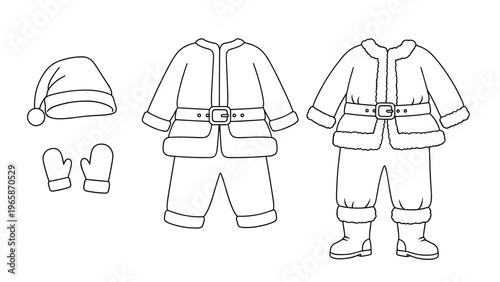Santas holiday outfit coloring page for kids with coat, trousers, hat, mittens, and boots in simple black and white outline style.