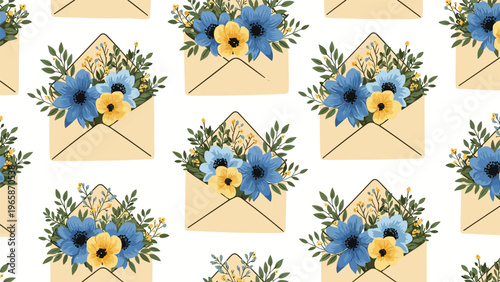Seamless pattern featuring open envelopes filled with beautiful blue and yellow spring flowers for wedding invitations and romantic messages.
