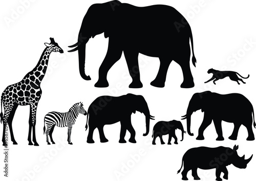 Black silhouette vector illustration set of wild animals including elephant giraffe bear and other wildlife icons