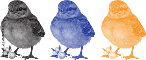 Three stylized pixelated birds in different monochromatic color schemes standing on flowers