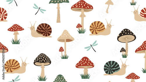 Whimsical woodland seamless pattern with colorful mushrooms, cute snails, and dragonflies on a clean white background for kids fabrics.