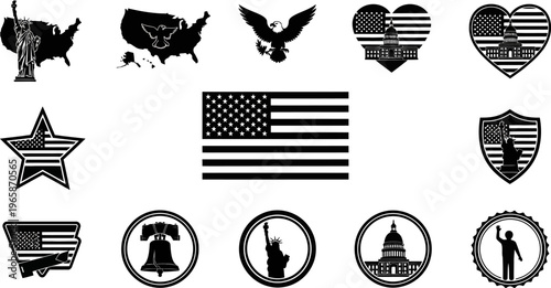 American patriotic symbols icons set with flags eagles and landmarks  various USA illustrations