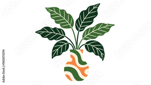 Potted houseplant with large patterned green leaves sits in a stylish decorative vase featuring wavy orange and green designs on its surface.
