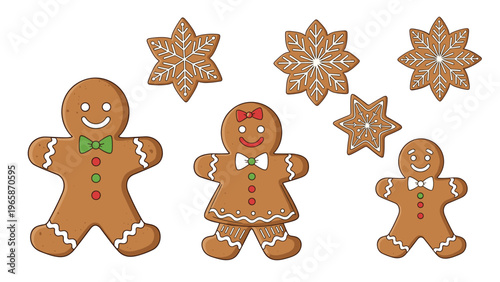 Festive gingerbread cookies in the shape of people and snowflakes are decorated with colorful icing for a traditional holiday baking theme.