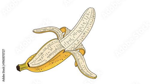 Single yellow banana partially peeled showing the white fruit inside isolated on a clean white background for healthy food design.