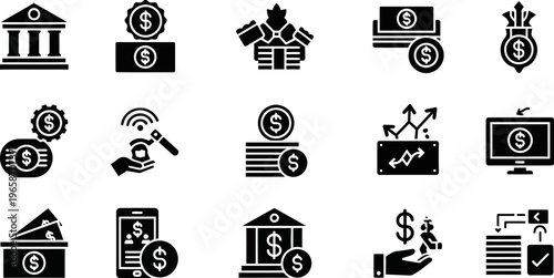 black and white illustration set of various money and finance related icons on white background