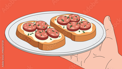 Person holding a white plate with two delicious open face sandwiches topped with cream cheese and sliced sausage and fresh chives.