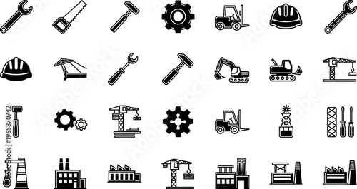 collection of construction tools and industrial icons on white background