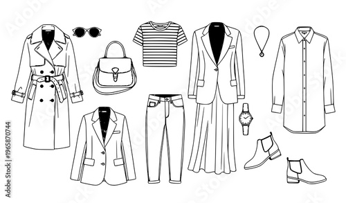 Fashion illustration of clothing and accessories