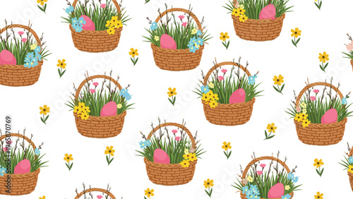 Seamless pattern featuring woven baskets filled with green grass a pink egg and colorful spring flowers on a plain white background.