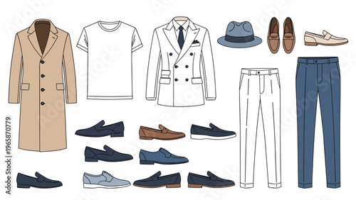 Comprehensive collection of men fashion items including a long coat suit trousers shirts and various types of loafers and classic hats.