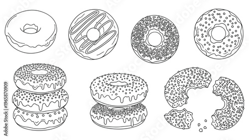 Diverse collection of donut line art illustrations including stacked donuts bitten donuts and various frosting styles on white background.