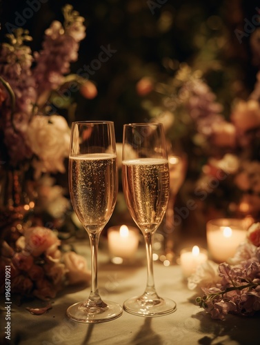 Champagne Glasses Sit on a Table Surrounded by Flowers and Candles During an ...