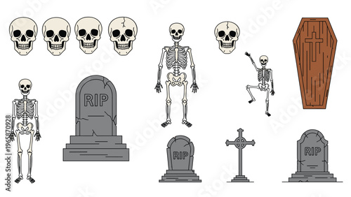 Halloween themed set of illustrations featuring skeletons human skulls various tombstones a wooden coffin and a graveyard cemetery cross.
