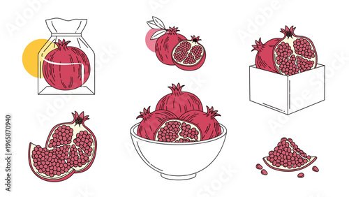 Various artistic compositions of red pomegranates including whole fruit in a white bowl in a gift bag and a pile of individual seeds.