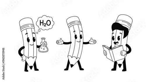 Set of three retro style cartoon pencil characters with black arms and legs performing various educational activities in a fun style.