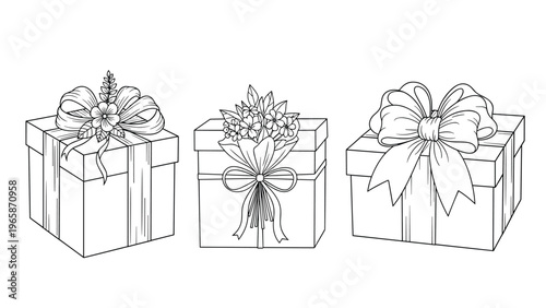 Elegant black and white line art illustration of three gift boxes decorated with various beautiful flowers and large ribbons and bows.