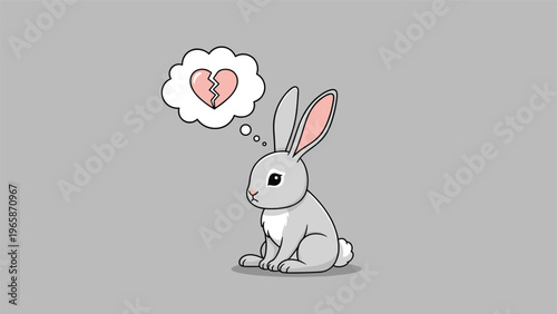Cute grey cartoon bunny character sitting sadly with a small thought bubble showing a broken heart on a neutral grey background space.