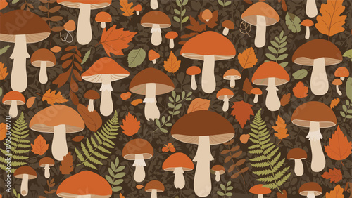 Rich autumn themed seamless pattern featuring various wild mushrooms ferns and fallen leaves on a dark brown and earthy background texture.