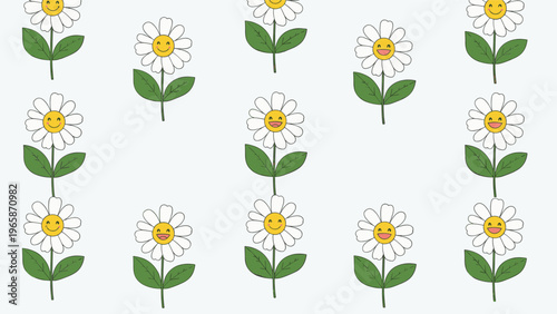 Fun and cheerful seamless pattern of several cartoon daisy flowers with happy smiling faces over a light blue and simple background.