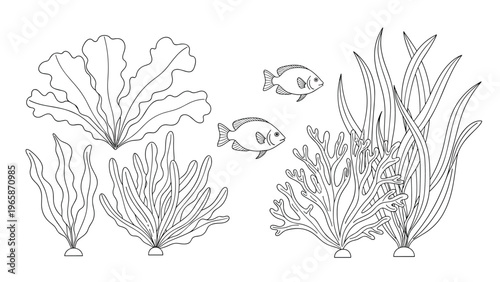 Underwater scene coloring page for children featuring various fish species swimming among coral reefs and long sea grass in black and white.