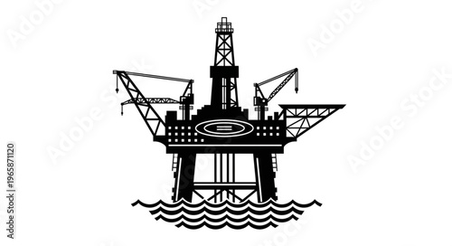 Silhouette of an offshore oil rig platform in the ocean.