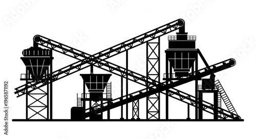 Silhouette of a Stone Crushing Plant with Conveyor Belts and Silos.