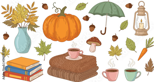 Cozy Autumn Elements Set with Pumpkin Books Tea Cups Leaves Umbrella and Lantern Warm Fall Season Illustration Collection for Hygge Lifestyle Designs