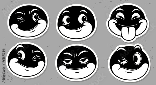 Set of dark-themed black and white cartoon emoticons winking and sticking out tongue, in a bright studio.