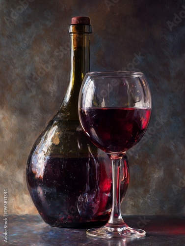 Bottle of Wine and Glass of Red Wine on a Table With a Blurred Background
