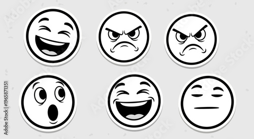 Collection of black and white cartoon emoticons showing diverse emotions such as happy, angry, and surprised, in a bright studio.