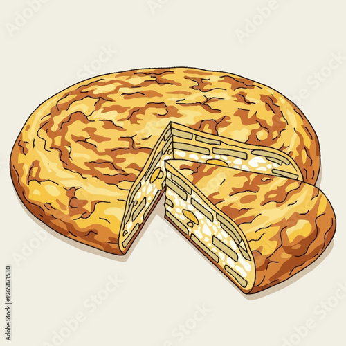 A detailed illustration of a golden-brown round baked dish with a slice removed, revealing its layered interior.