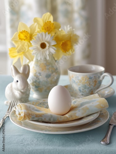 Bright Flowers and Table Setting for Spring Celebration With Eggs and Bunny F...