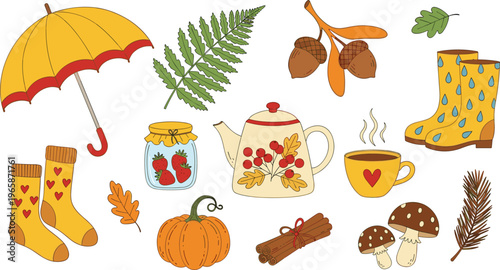 Autumn Season Elements Set with Cozy Fall Icons Including Umbrella Pumpkin Tea Mushrooms Leaves and Boots Cute Hand Drawn Illustration Collection