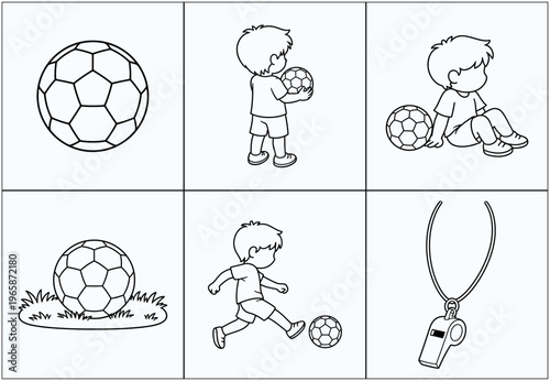 Kids soccer coloring page set with football ball player and jumping rope outline illustration