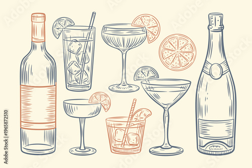 Cocktail Drinks Assortment in Glasses and Bottles Sketch Style