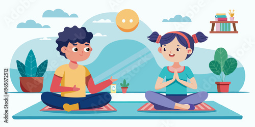 A cartoon vector illustration of a woman and a man sitting in the lotus yoga pose for a fun meditation session focusing on health and beauty