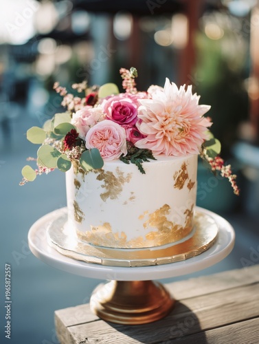 Wedding Cake With Flowers and Gold Accents on Display for Celebration Event i...