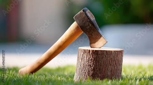Small tree stump with axe stuck in it on green grass in spring garden showcasing detail and focus in a stock photo contest entry